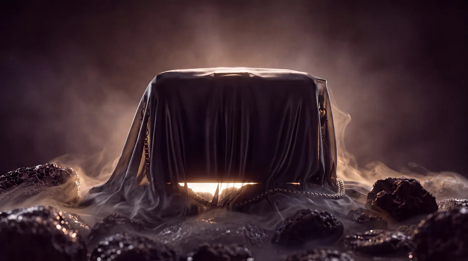 An M&IO bag covered by a dark silk veil, on black stones wrapped in smoke; warm light glows from beneath the veil.